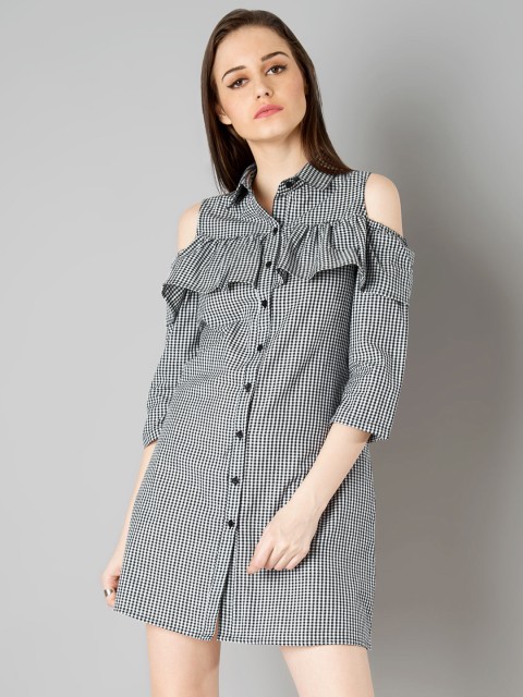 

FabAlley Women Black & White Checked Shirt Dress