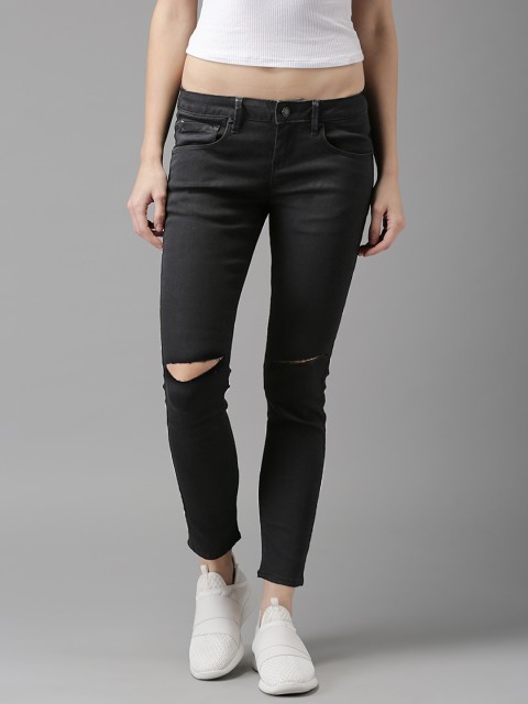

HERE&NOW Women Cropped Mid-Rise Skinny Fit Black Slash Knee Stretchable Jeans