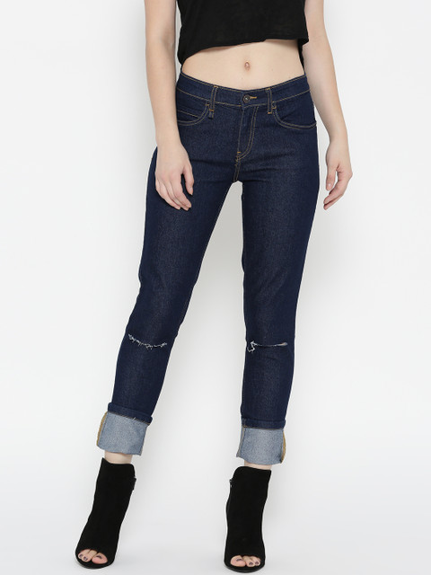 

Roadster Women Navy Blue Skinny Fit Mid-Rise Slash Knee Stretchable Jeans