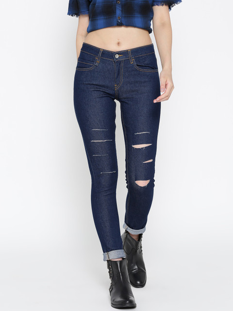 

Roadster Women Navy Skinny Fit Mid-Rise Slash Knee Stretchable Jeans, Navy blue
