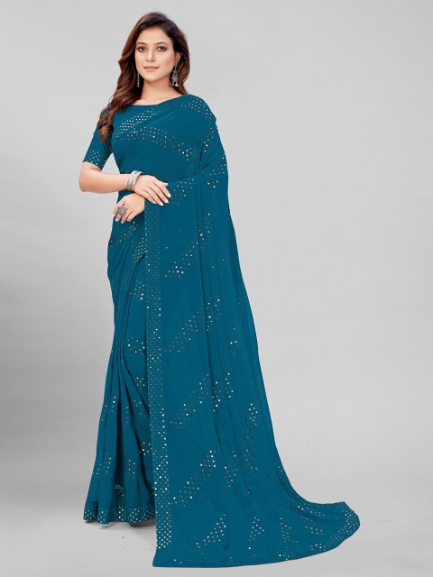 

Mitera Teal & Gold-Toned Embellished Sequinned Pure Georgette Saree
