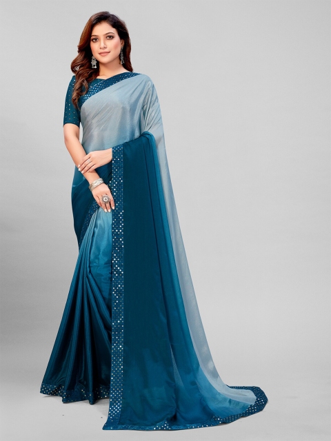 

Mitera Blue & Silver-Toned Embellished Sequinned Silk Blend Saree