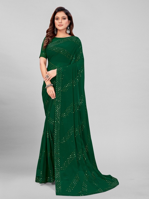 

Mitera Green & Gold-Toned Embellished Sequinned Pure Georgette Saree