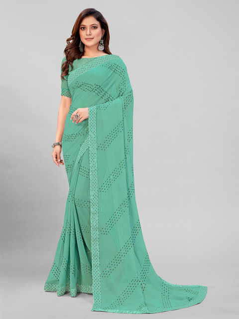 

Mitera Green & Gold-Toned Embellished Sequinned Pure Georgette Saree