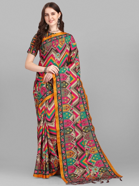 YOYO Fashion Pink & Yellow Printed Floral Silk Blend Saree