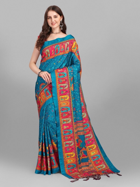 

YOYO Fashion Blue & Red Printed Ethnic Motifs Silk Blend Saree