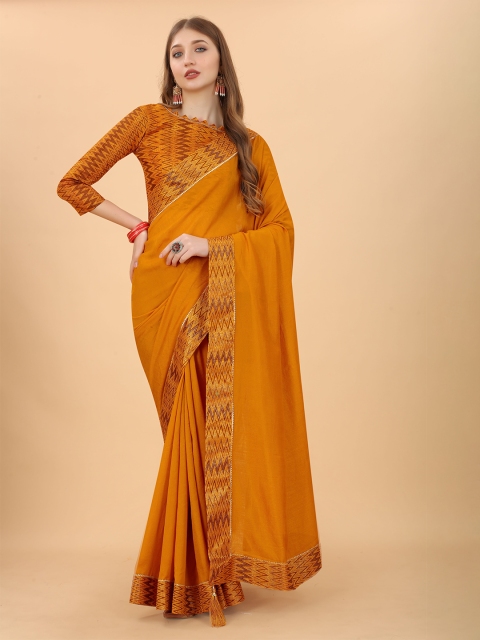 

DEETYA ARTS Mustard & Brown Solid Lace Border Saree