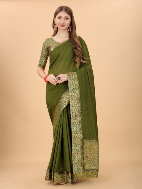 

DEETYA ARTS Green & Gold-Toned Zari Banarasi Silk Saree