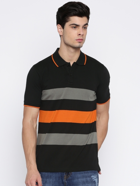 

HERE&NOW Men Black & Orange Striped Polo T-shirt