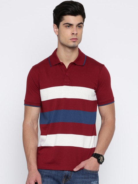 

HERENOW Men Maroon White Striped Polo Pure Cotton T-shirt