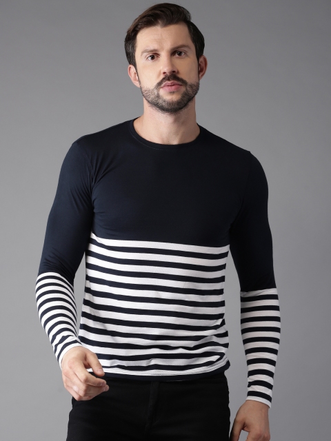 

HERE&NOW Men Navy & White Striped Round Neck T-shirt, Navy blue