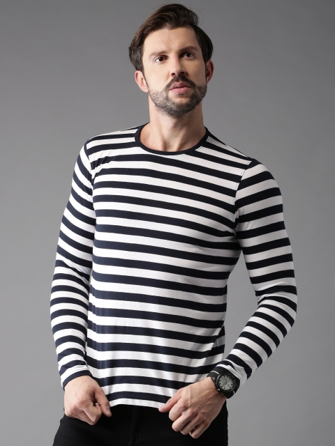 

HERE&NOW Men White & Navy Striped Round Neck T-Shirt