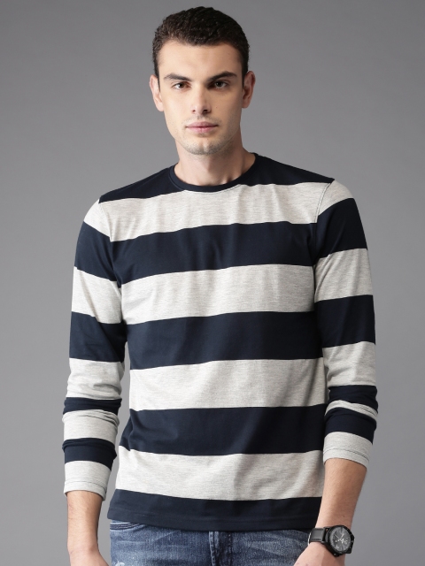 

HERE&NOW Men Grey Melange & Navy Striped Round Neck T-Shirt