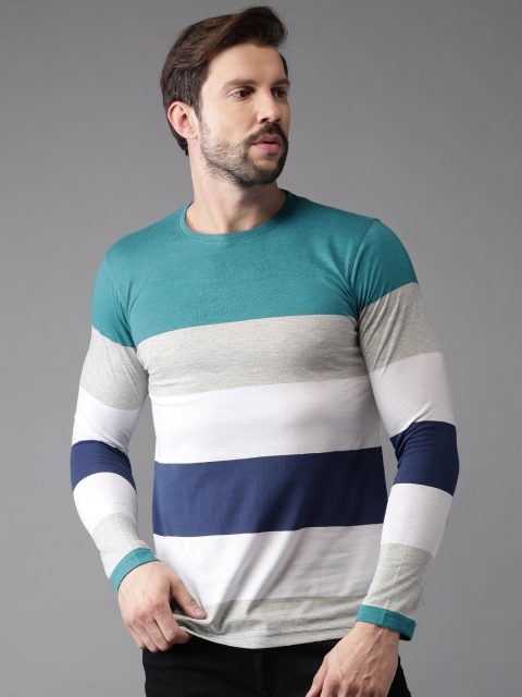 

HERE&NOW Men Teal & White Striped Round Neck T-shirt