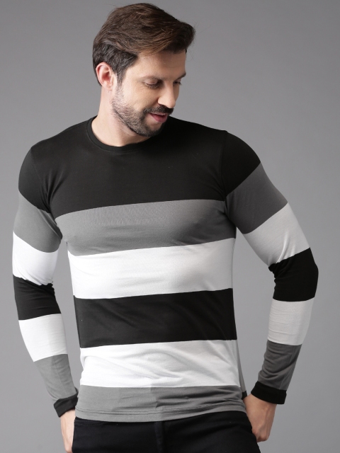 

HERE&NOW Men Black & Grey Striped Round Neck T-Shirt