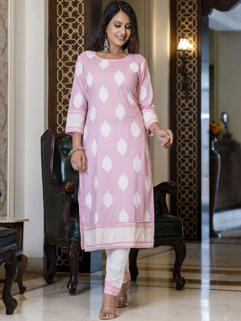 

PREKSHA Women Pink Printed Mirror Work Pure Cotton Kurta with Trousers & Dupatta