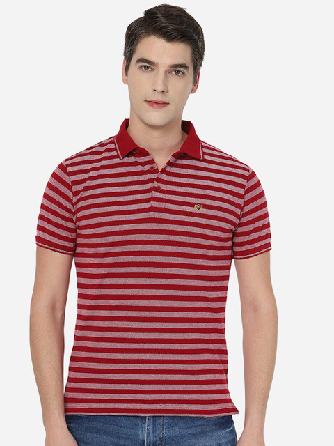 

JADE BLUE Men Red Striped Cotton Polo Collar Slim Fit T-shirt