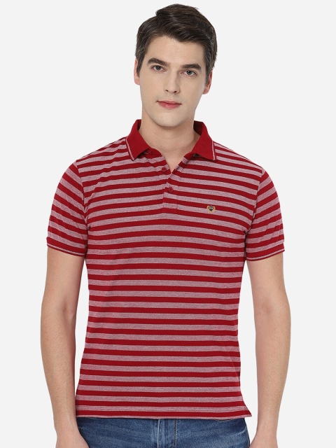 

JADE BLUE Men Red & Grey Striped Cotton Polo Collar Slim Fit T-shirt