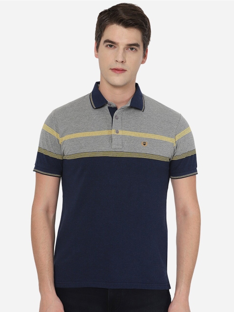 

JADE BLUE Men Blue & Grey Cotton Colourblocked Polo Collar Slim Fit T-shirt