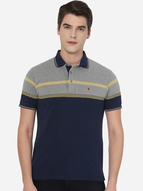 

JADE BLUE Men Blue Striped Polo Collar Slim Fit T-shirt