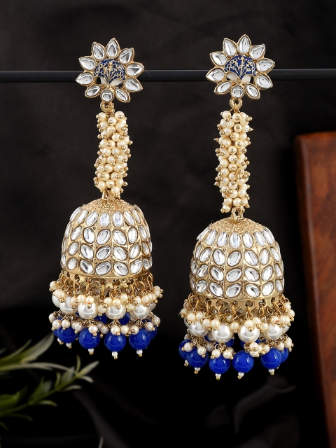

AQUASTREET Blue Gold Plated Traditional Clustered Pearls Kundan Long Jhumka Earrings