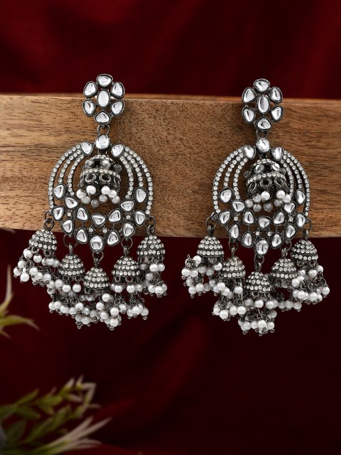 

AQUASTREET Black Rhodium Plated Kundan Dangle Earrings with Jhumki Tassels
