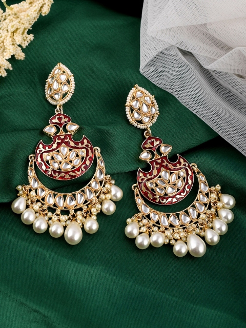 

AQUASTREET Gold plated Crescent Shaped Chandbalis Earrings, Red