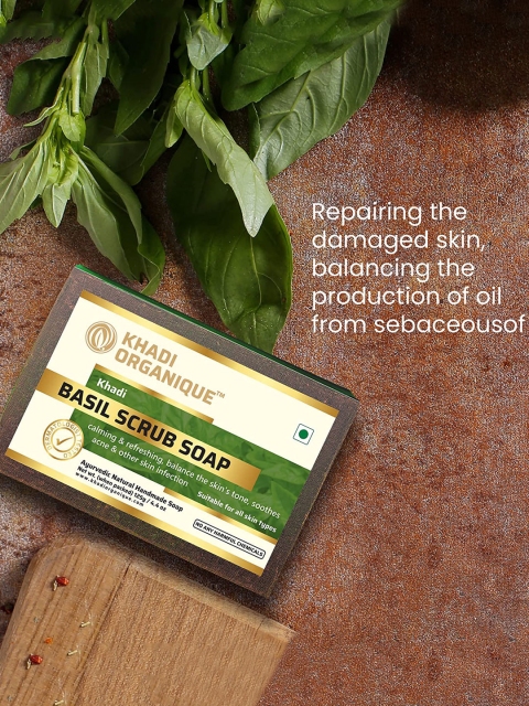 

Khadi Organique Set Of 3 Basil Scrub Soap, Transparent