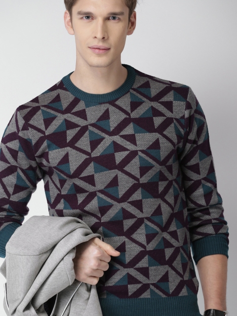 

INVICTUS Men Teal Blue & Grey Slim Fit Self-Design Pullover