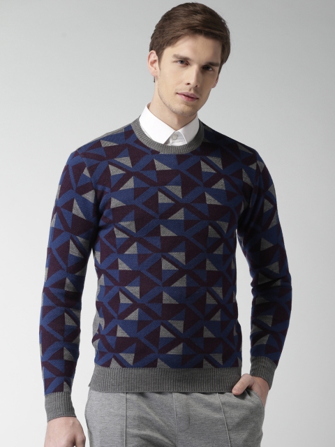 

INVICTUS Men Grey & Blue Self Design Pullover