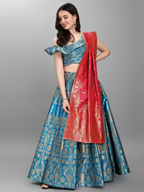

Fashionuma Semi-Stitched Lehenga & Unstitched Blouse With Dupatta, Blue