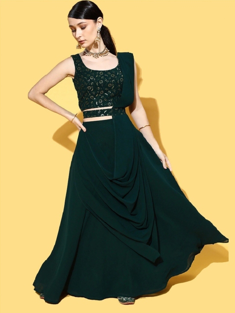 

Fashionuma Sequinned Embroidered Lehenga & Blouse With Dupatta, Green
