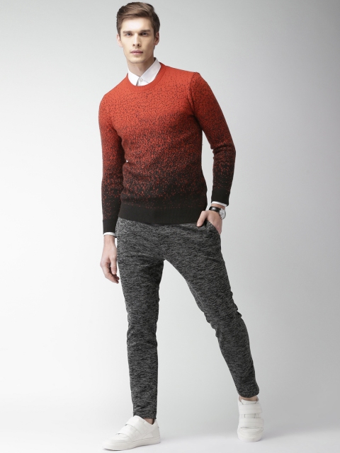 

INVICTUS Men Black & Orange Self-Design Pullover