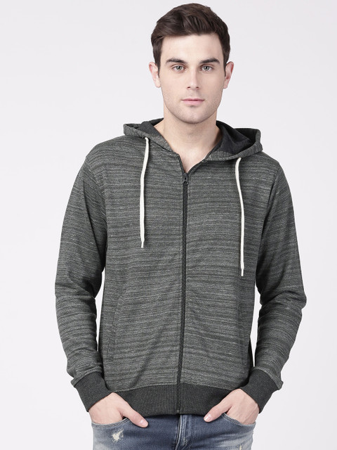 

ether Men Grey Melange Striped Hooded Sweatshirt
