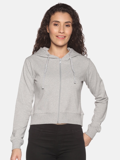 

HERE&NOW Women Grey Cotton Solid Front Open Hooded Sweatshirt