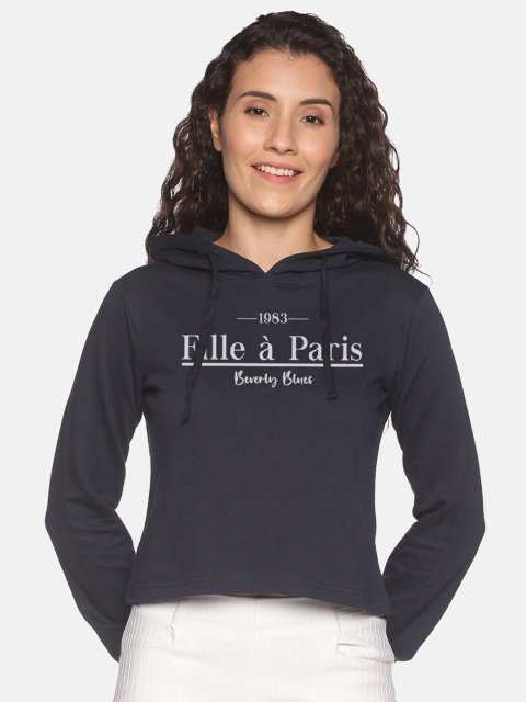 

HERE&NOW Women Navy Blue Cotton Printed Typography Sweatshirt