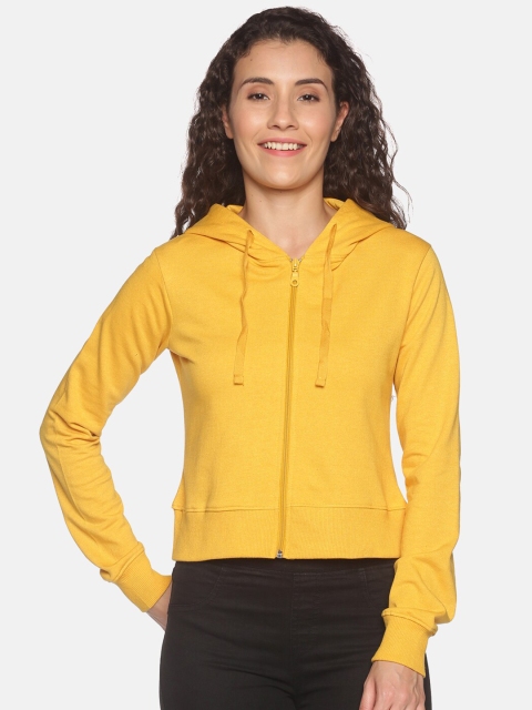 

HERE&NOW Women Yellow Solid Cotton Front Open Hooded Sweatshirt