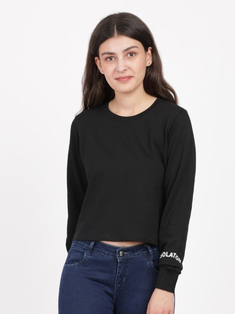 

HERE&NOW Women Black Cotton Solid Round Neck Long Sleeves Sweatshirt