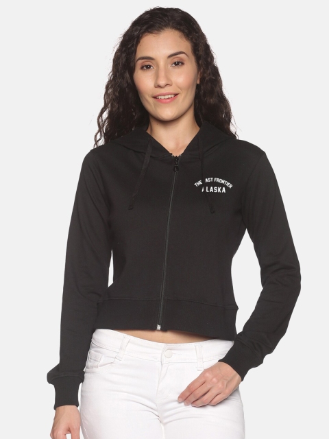 

HERE&NOW Women Black Cotton Solid Hooded Sweatshirt