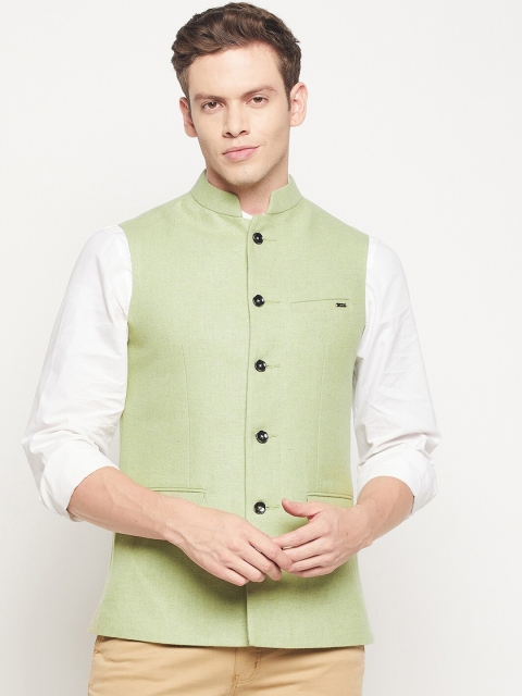 

Spirit Men Pista Green Solid Pure Woolen Nehru Jackets