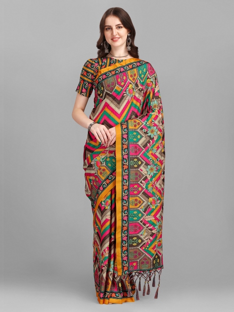 

Fashion Basket Pink & Yellow Floral Printed Silk Blend Saree