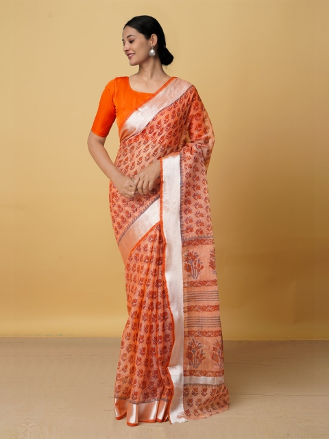 

Unnati Silks Orange & Silver-Toned Ethnic Motifs Pure Cotton Kota Saree