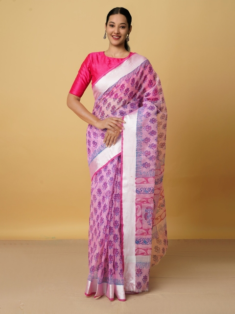 

Unnati Silks Pink & Silver-Toned Ethnic Motifs Pure Cotton Kota Saree