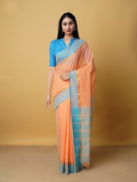 

Unnati Silks Orange & Blue Woven Design Pure Cotton Mangalagiri Saree