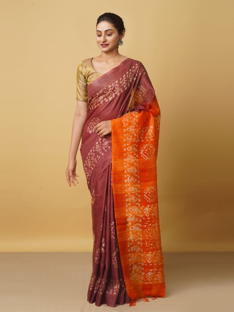 

Unnati Silks Brown & Orange Batik Silk Cotton Bhagalpuri Saree