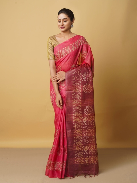 

Unnati Silks Pink & Brown Batik Silk Cotton Bhagalpuri Saree