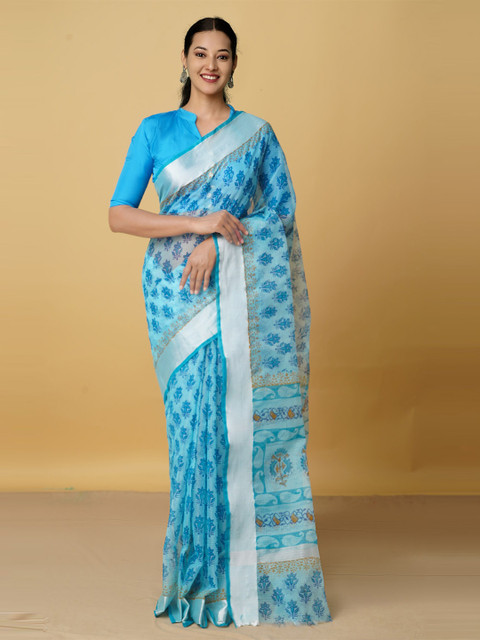 

Unnati Silks Blue & Silver-Toned Ethnic Motifs Zari Pure Cotton Kota Saree