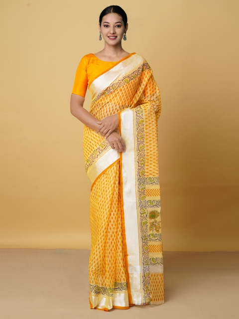 

Unnati Silks Yellow & Gold-Toned Ethnic Motifs Zari Pure Cotton Kota Saree