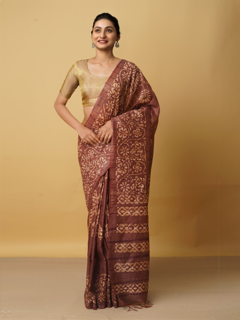 

Unnati Silks Brown & Beige Batik Embroidered Silk Cotton Bhagalpuri Saree