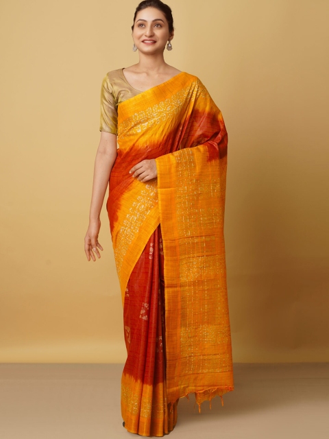 

Unnati Silks Maroon & Gold-Toned Batik Silk Cotton Bhagalpuri Saree